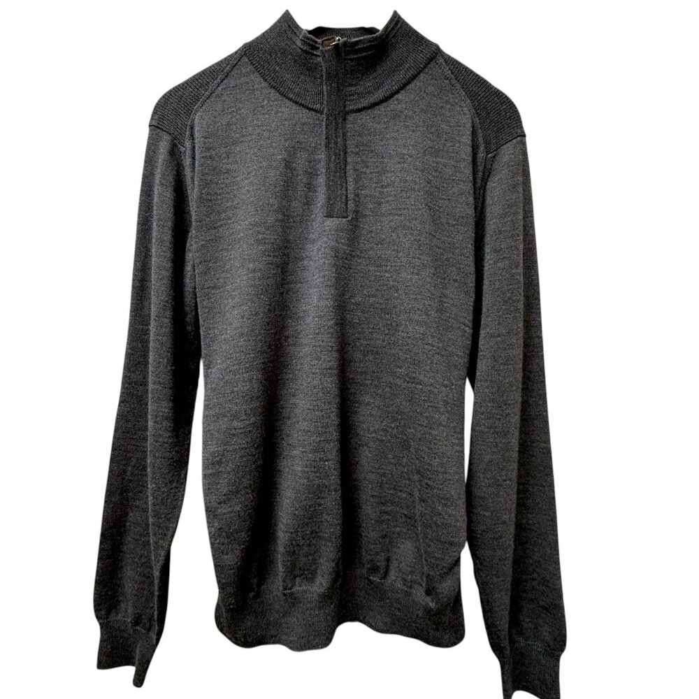 BEAU BRUMMEL Mens Wool Sweater S/m Italian Merino Gray 1/4 Zip Brown Suede